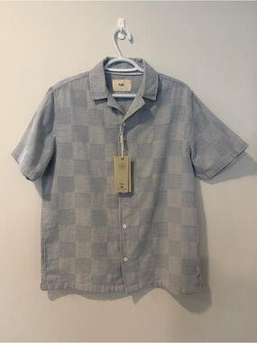 Folk Mens Blue Checkered Short-Sleeve Button-Down Cotton Aloha Shirt NWT!